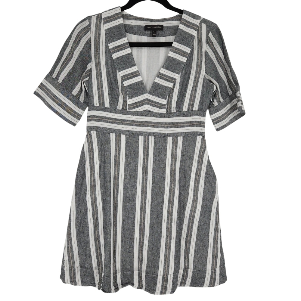 Banana Republic Dress Linen Shabby Chic Stripe Short Sleeve Deep VNeck Petite 2P